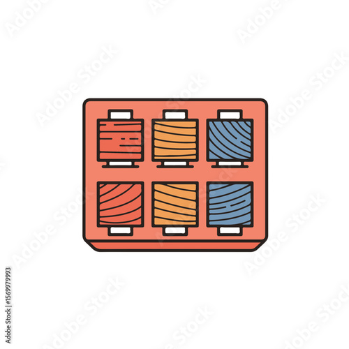 A set of six spools of thread in a tray, perfect for sewing and crafting.