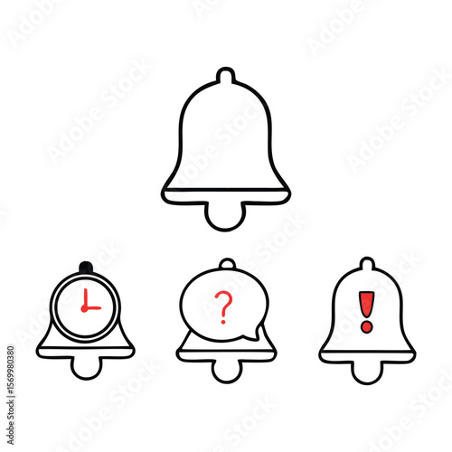 Bell icons with clock question and alert notification