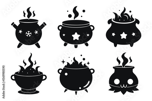 Six black cauldrons with bubbling contents and decorative elements halloween silhouette