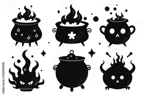 Six black halloween cauldrons with fire and bubbles witch magic
