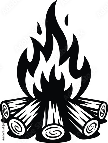 Bold black and white illustration of a burning campfire with flames and logs