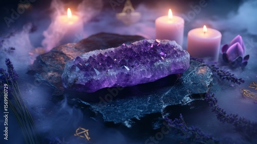 A smooth amethyst crystal slab resting on a polished deep obsidian surface, surrounded by faint wisps of violet mist. Ethereal candlelight glows softly in the background, illuminating scattered dried 
