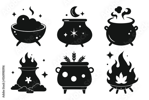 Various black cauldrons with magical elements halloween witch
