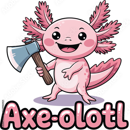 Cute pink axolotl cartoon holding an axe smiling and ready for action