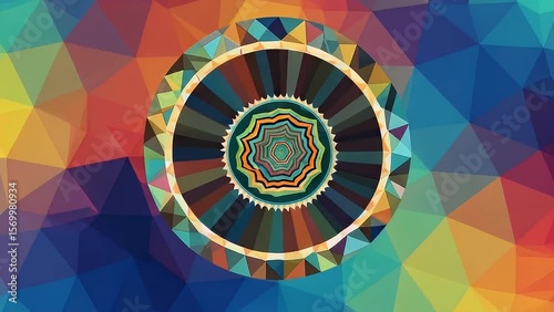 Hypnotic Mandala Rotating on Vibrant Low Poly Background
