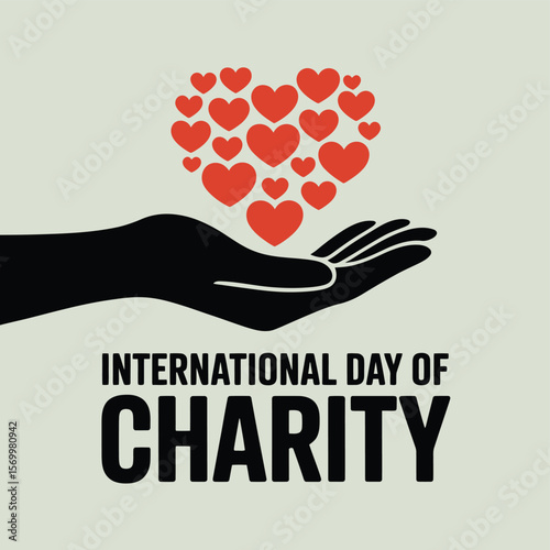 International Day of Charity Vector Graphic Black Hand Offering Red Hearts, Symbolizing Love, Support