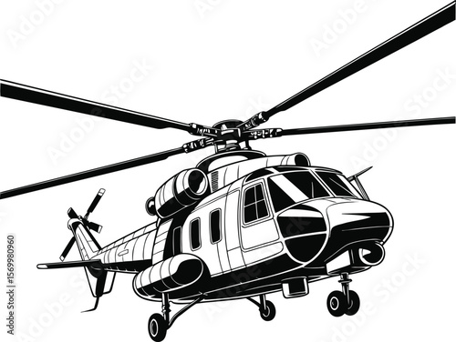 Detailed black and white illustration of a military helicopter in front view