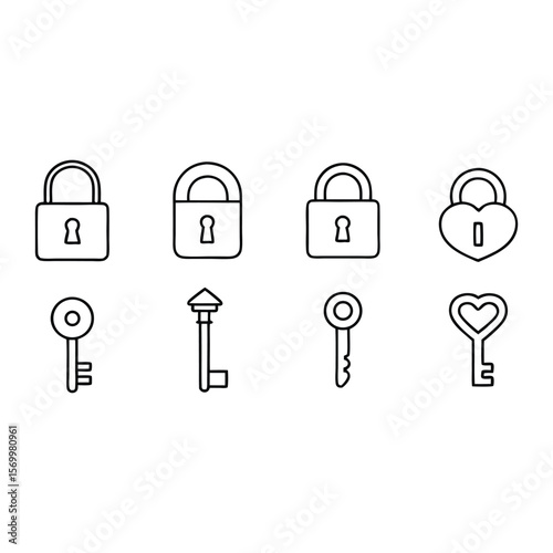 Collection of locks and keys line art padlock heart lock