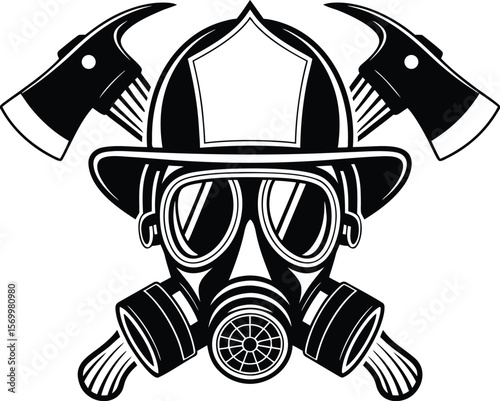 Firefighter emblem featuring gas mask helmet and axes monochrome illustration symbol of heroism