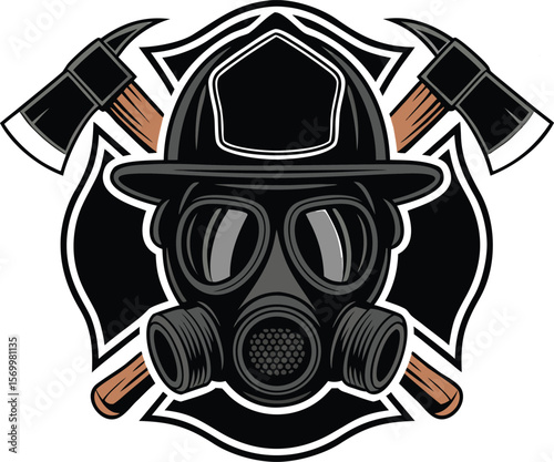 Vector illustration of a firefighter helmet gas mask and axes representing emergency services