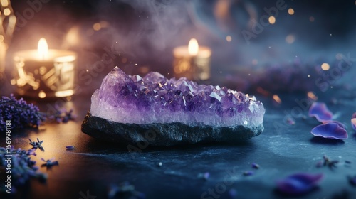 A smooth amethyst crystal slab resting on a polished deep obsidian surface, surrounded by faint wisps of violet mist. Ethereal candlelight glows softly in the background, illuminating scattered dried 