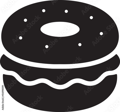 Silhouette icon of a bagel sandwich with visible fillings, perfect for breakfast, snack, or cafe menu design.