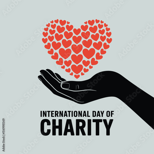International Day of Charity Graphic Featuring a Heart Composed of Smaller Hearts Above a Hand Silhouette, Symbolizing Love, Generosity