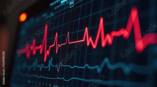 A hospital monitor with a flatline EKG and alarming vital signs, creating a sense of urgency and life-threatening medical emergency.
