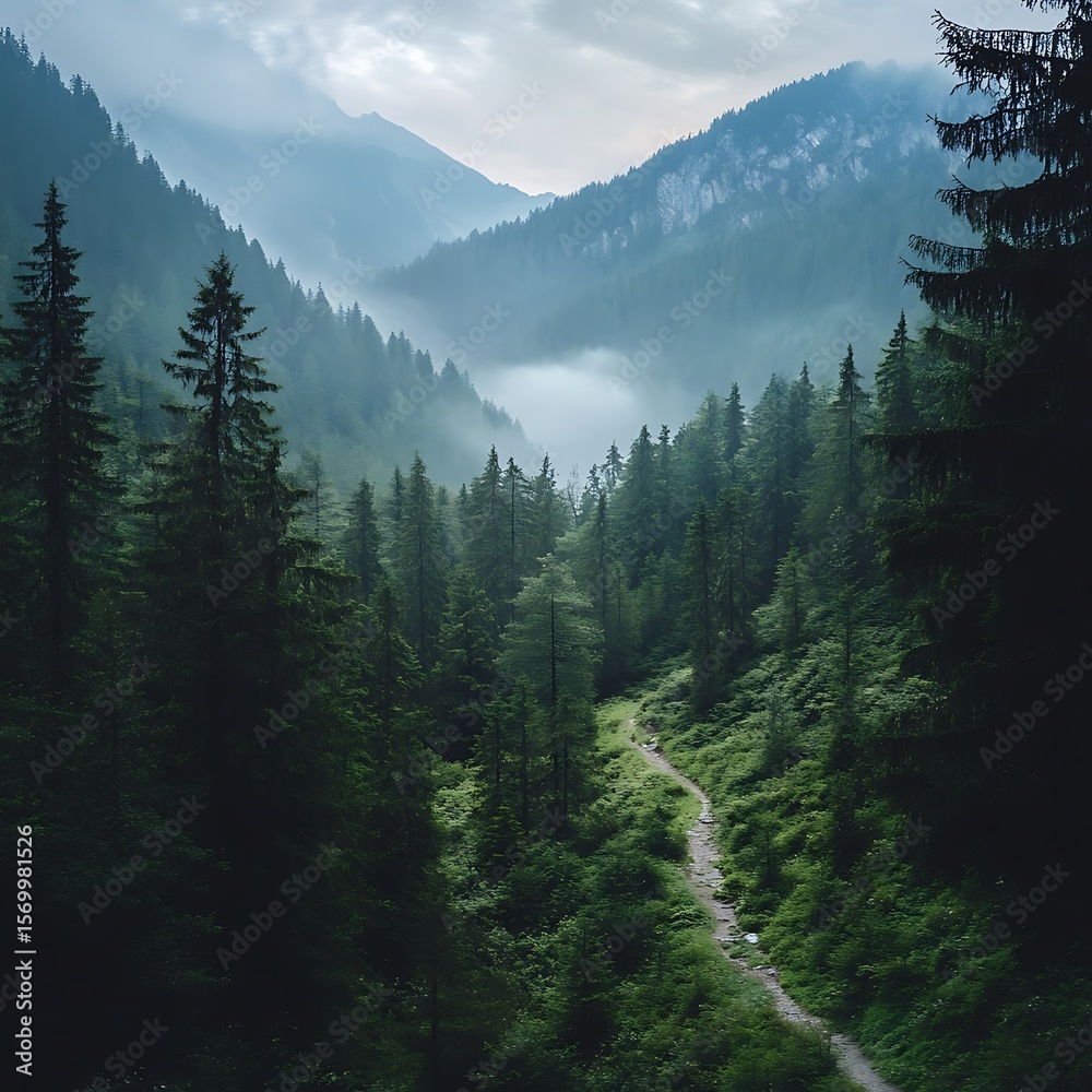 Obraz premium Lush forest path winding through steep rock formations and greenery high resolution picture