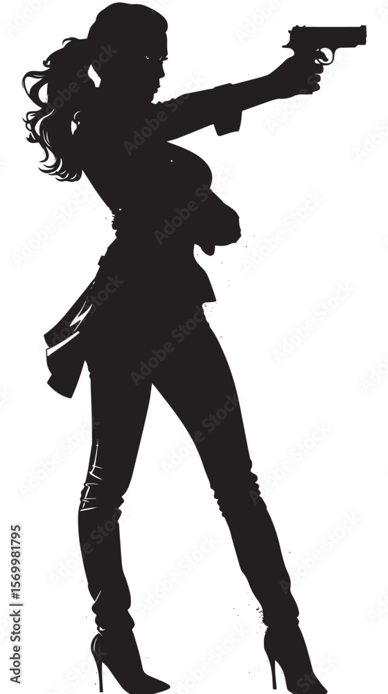 detective woman holding aiming gun silhouette