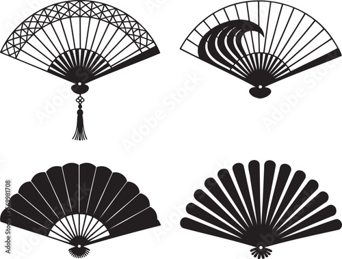 Folding Hand Fan silhouette set vector illustration isolated On Transparent Background