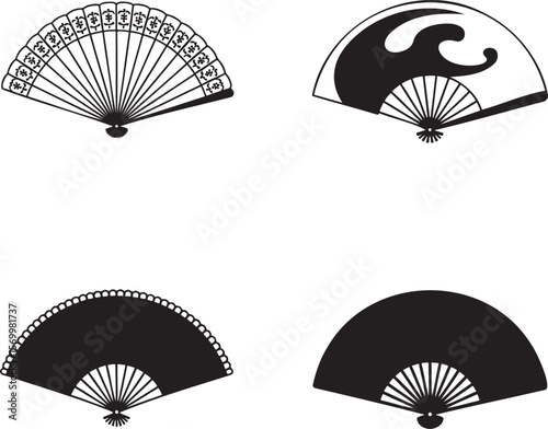 Folding Hand Fan silhouette set vector illustration isolated On Transparent Background