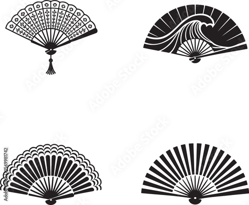 Folding Hand Fan silhouette set vector illustration isolated On Transparent Background