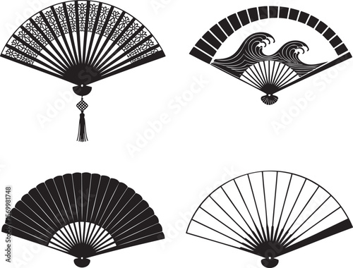 Folding Hand Fan silhouette set vector illustration isolated On Transparent Background