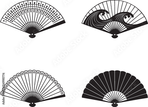 Folding Hand Fan silhouette set vector illustration isolated On Transparent Background