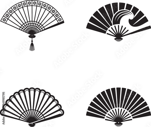 Folding Hand Fan silhouette set vector illustration isolated On Transparent Background