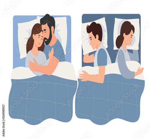 Silhouette of a couple sleeping back-to-back in bed for relationship, intimacy, sleep posture, and lifestyle design themes