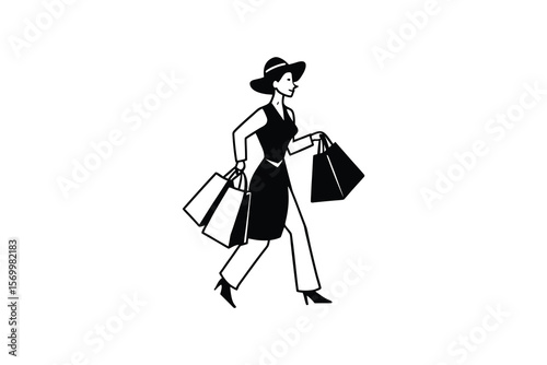 Elegant Woman with Shopping Bags in Black and White Silhouette Style on a White Background silhouette