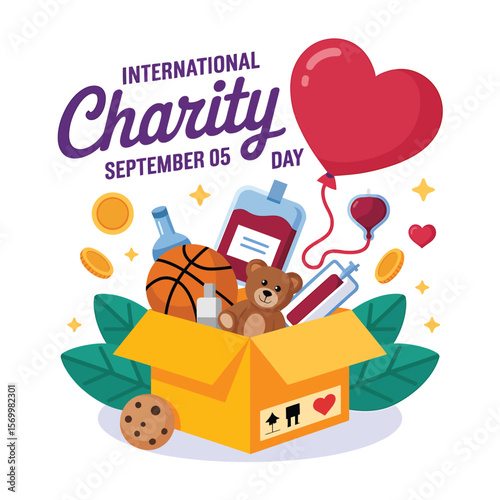 International Charity Day Illustration with Heart Balloon, Donation Box, Teddy Bear