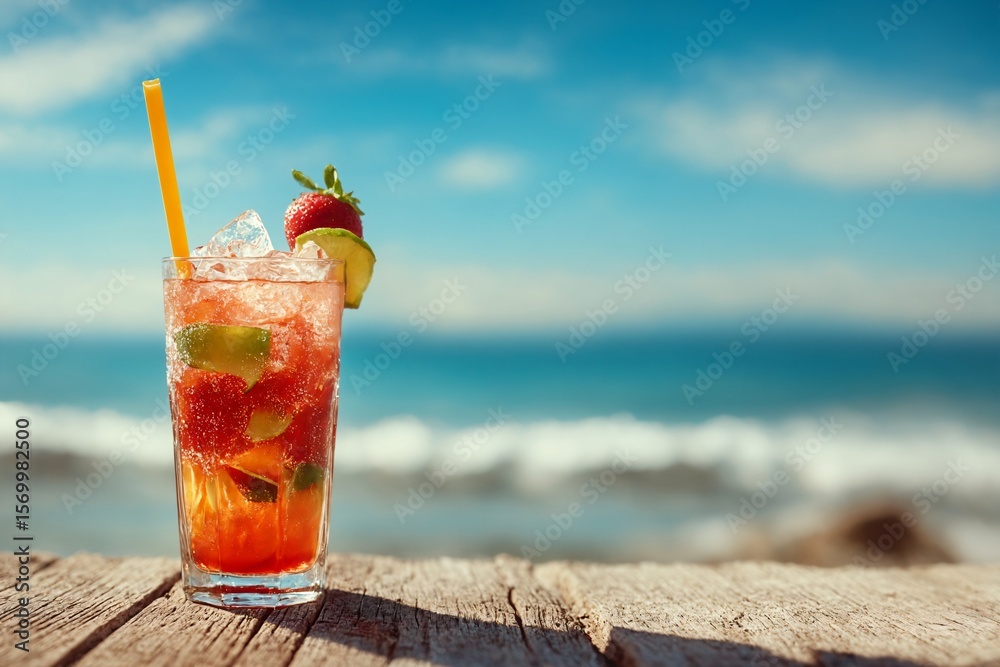 Obraz premium Summer beach cocktail tropical drink fruit ice strawberry lime seaside