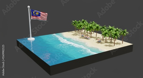 Malaysian Idyllic Beach Paradise: 3D Render of Tropical Island with Flag