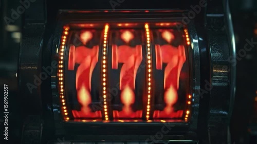 Close-up of a slot machine with three sevens lit up in red.