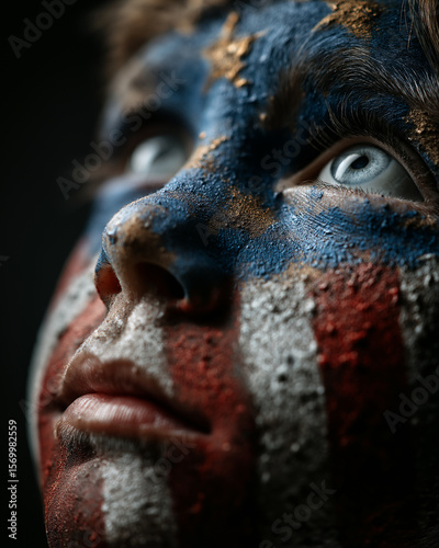 Patriotic Face Paint Portrait with Dramatic Lighting and Intense Expression