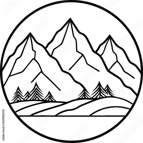 Majestic Peaks: A stylized mountain landscape, meticulously crafted in a clean, graphic style within a circular frame, invites the viewer to explore the grandeur of nature. 