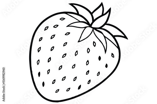 Simple Black and White Drawing of a Ripe Strawberry with Seeds and Leaves