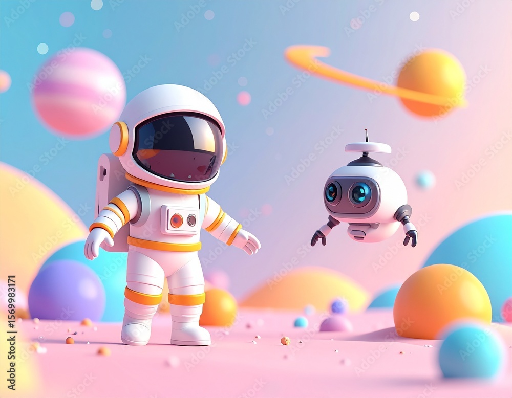 Naklejka premium 3D cartoon astronaut exploring a colorful alien planet, curious expression