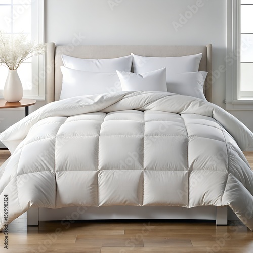 A fluffy white down comforter on a bed in a bright bedroom isolated on transparent background