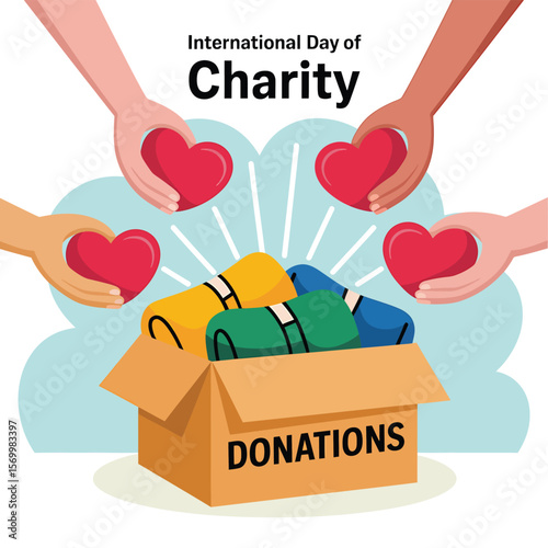 International Day of Charity Illustration Hands Offering Hearts Above a Donation Box Filled with Clothes, Promoting Generosity and Support for Those in Need.