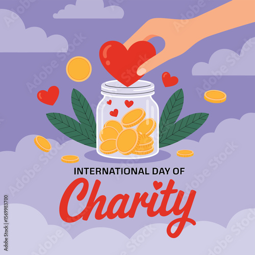 International Day of Charity Illustration Hand Placing Heart into Jar Filled with Coins, Surrounded by Leaves and Clouds, Promoting Generosity and Support.