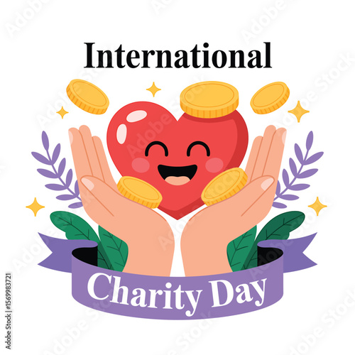Cheerful International Charity Day Vector Graphic Featuring Smiling Heart, Hands, Coins