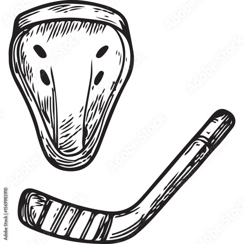 Ice Hockey Stick and Protective Cup Illustration for Sports Gear Design