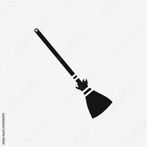 Minimal black silhouette of a broom in profile view. Clean, detailed vector with textured bristles and reinforced brush head. Perfect for icons, prints, or cleaning-themed designs.