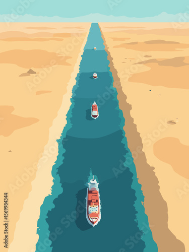 Suez Canal from aerial view showing cargo ships in deep blue water cutting through desert sand