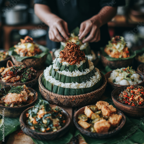 Traditional Indonesian Tumpeng Rice Feast with Assorted Dishes and Cultural Presentation