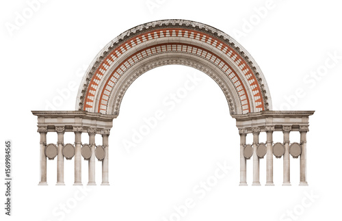 Elements of architectural decorations of buildings. Old wall with arch. Neo-Byzantine style.