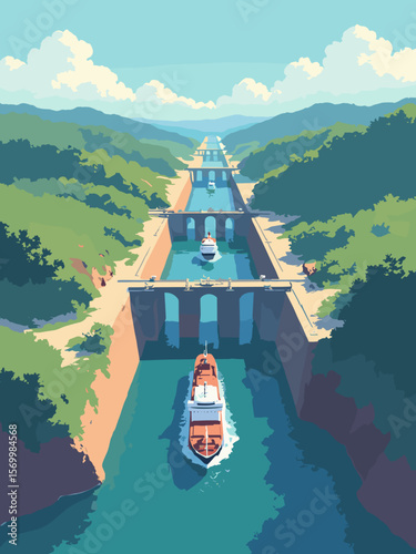 Panama Canal with locks in operation, ships ascending in tiers surrounded by lush green banks