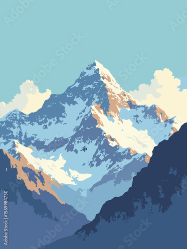 Mount Everest with snowy peak under clear skies, dramatic shadows on rock ridges and icy cliffs
