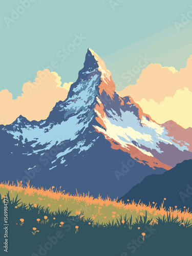 Matterhorn standing tall with jagged snowy edges and Alpine meadows in foreground during golden hour