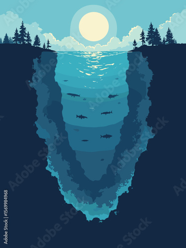 Mariana Trench conceptual cross-section showing deep ocean layers, marine life silhouettes, and pitch black depth