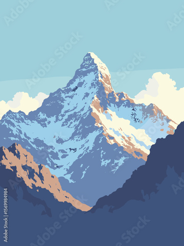 Aconcagua massive peak in Andes, covered in snow and rocky textures with high-altitude light blue sky